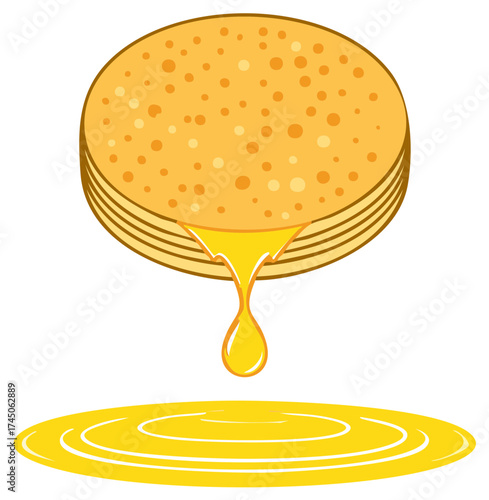 Illustration of pancakes with syrup dripping down and forming a puddle.