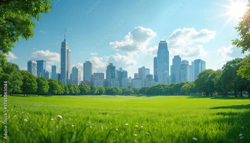 Obraz premium City skyline with green park in foreground. Modern skyscrapers, buildings surrounded by trees, grass. Sunny day with blue sky, white clouds. Urban landscape with eco friendly architecture. Green