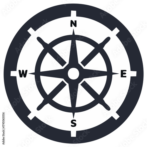 Classic nautical compass rose graphic with cardinal directions North East South West