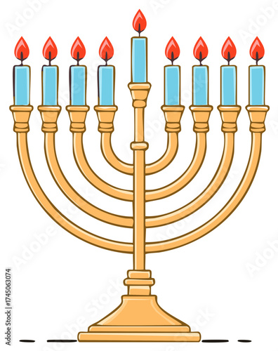 Bright Hanukkah Menorah with Lit Blue Candles Celebrating the Jewish Festival of Lights Cartoon Illustration