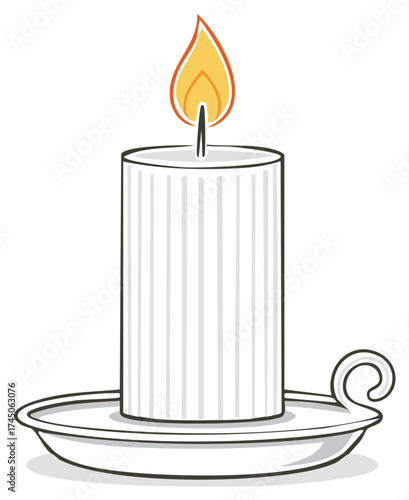 Burning Candle in Holder Illustration White Wax Candlelight Flame Graphic Design