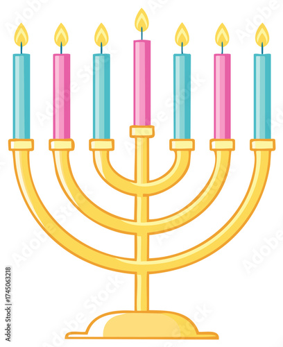 Gold Menorah with Seven Lit Candles, Blue and Pink Candles