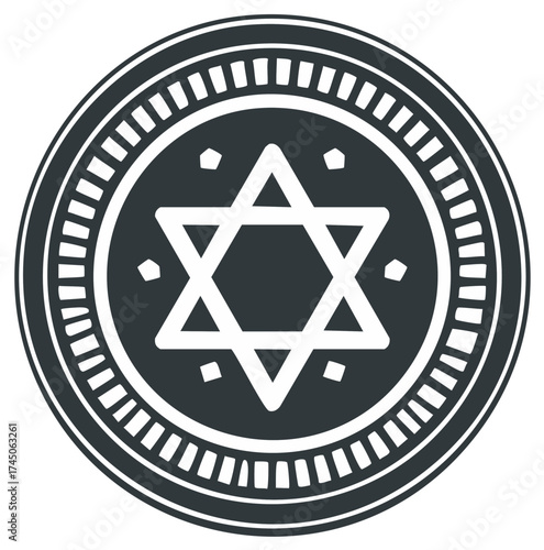 Detailed illustration of a Star of David symbol within a circular frame.
