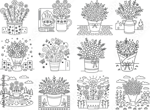 Collection of 12 Outline Drawings of Flowers in Pots and Vases with Decorative Elements potted flowers