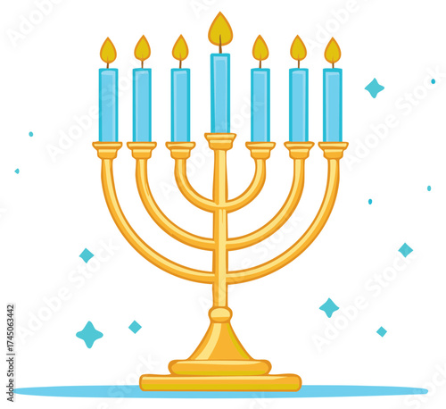 Golden menorah with glowing candles, Hanukkah holiday illustration, festive celebration symbol