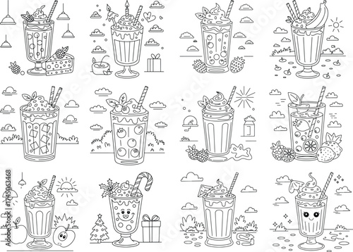Collection of 12 Outline Drawings of Milkshakes and Drinks with Decorative Toppings and Elements smoothies