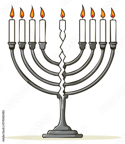 Broken Menorah with Lit Candles Illustrating Jewish Tradition
