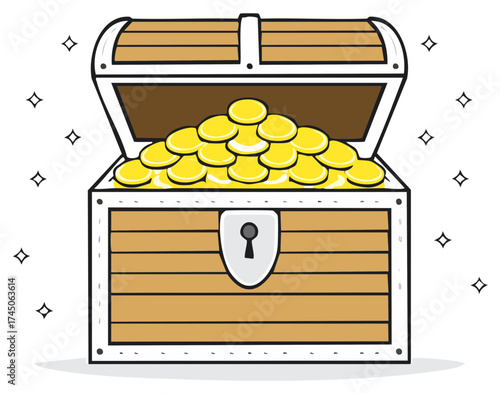Open Treasure Chest Overflowing with Golden Coins and Sparkling Stars