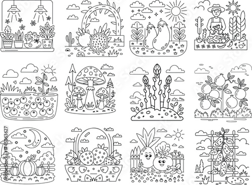 Collection of Line Art Illustrations of Garden Plants Vegetables and Fruits vector illustration