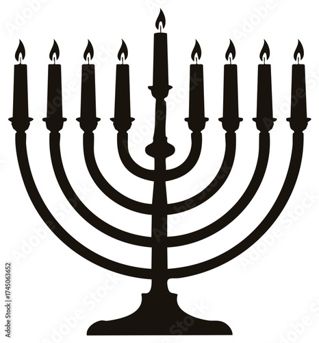 Menorah candle holder illustration, traditional candelabra, eight lit candles