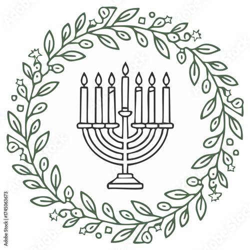 Hanukkah menorah with lit candles in floral wreath outline illustration