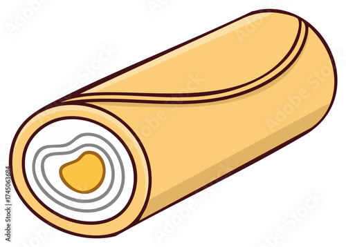 Rolled food illustration of a cooked egg with yolk and protein layers, stylized cartoon art