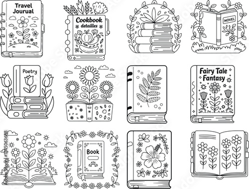Collection of Outline Illustrations of Books Decorated with Flowers and Plants Keywords: book, illustration, outline, drawing, line art, floral, flower, plant, nature, garden, open book, closed
