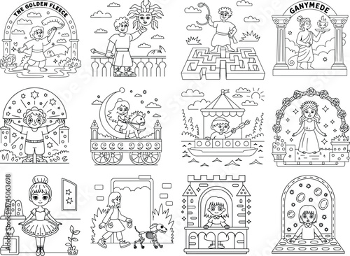 Collection of Mythological and Fantasy Scenes for Coloring Pages Featuring Children and Animals greek mythology