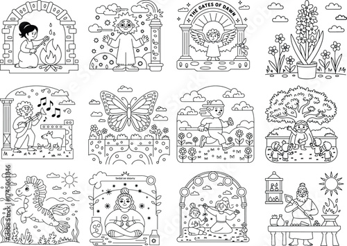 Diverse Outline Illustrations of Mythological Figures, Animals, and Nature Scenes for Coloring greek mythology