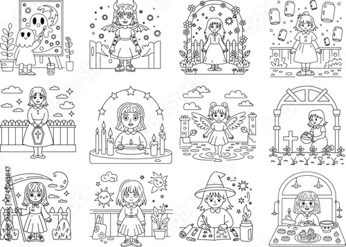 Diverse cartoon girls in fantasy, Halloween, and creative settings with magical elements Keywords: girl, child, kid, Halloween, ghost, monster, witch, wizard, magic, potion, spell, fairy, angel