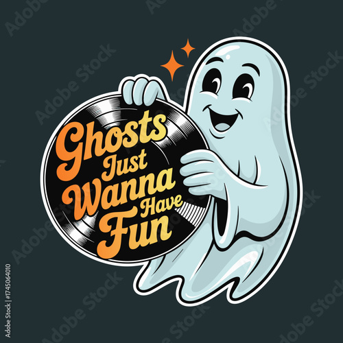 Cute Ghost with Vinyl Record – Haunt the Night Love the Light Halloween Vector Illustration