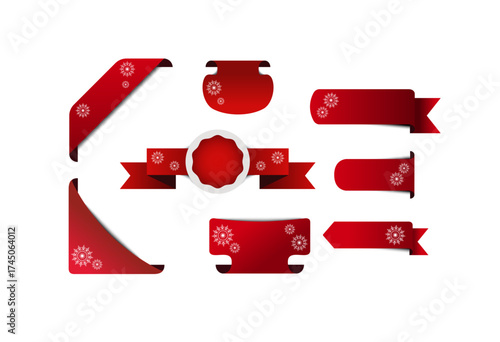 Abstract red christmas ribbon set with snowflakes vector. 3d price tag vector set to use for christmas sale, web offer, badge, price tag, christmas card, holiday offer. 