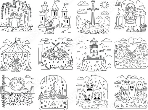 Fantasy And Halloween Themed Coloring Pages With Castles Creatures and Earth Keywords: fantasy, halloween, castle, knight, sword, earth, moth, lighthouse, river, circus tent, clown, ghost
