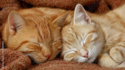 Two Adorable Orange Cats Nestled Together on a Cozy Blanket, Enjoying a Peaceful Sleep and Emitting an Aura of Comfort and Tranquility