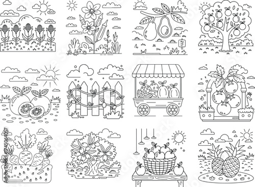 Farm Fresh Produce and Orchard Delights Coloring Pages Collection coloring book illustration