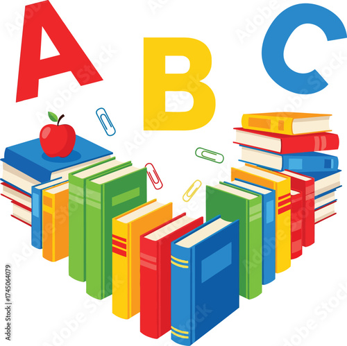 Colorful books forming a heart shape with abc letters promoting reading and learning development