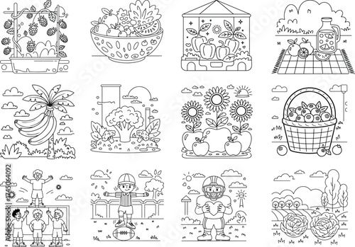 Garden Harvest and Healthy Eating Coloring Pages Collection fruits vegetables