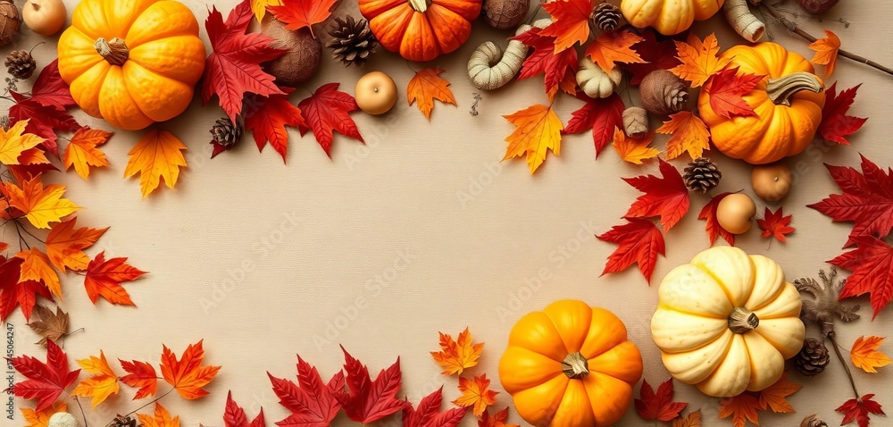 Obraz premium Vertical autumn flat lay Pumpkins, fall leaves, and autumnal decorations on a neutral background with ample copy space, fall, leaves