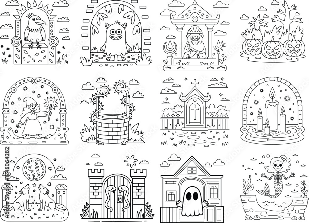 Fototapeta premium Halloween Themed Coloring Pages With Monsters Ghosts and Haunted Scenes Keywords: halloween, monster, ghost, haunted, spooky, scary, cute, cartoon, drawing, illustration, outline, coloring book