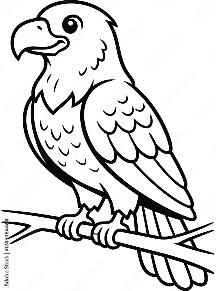 Obraz premium Cute parrot on branch kids coloring page, simple vector bird line drawing for children