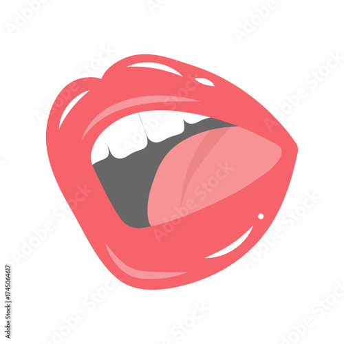 Open mouth with tongue. Teeth and Tongue shouting announcement. Articulation, pronunciation, learning foreign languages concept