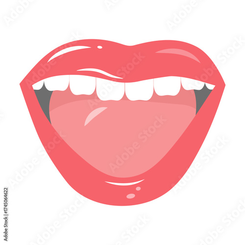 Open mouth with tongue. Teeth and Tongue shouting announcement. Articulation, pronunciation, learning foreign languages concept