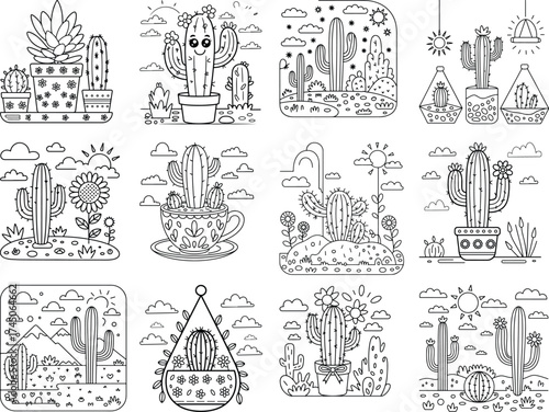 Twelve charming black and white line art illustrations of anthropomorphic cacti and desert scenes for coloring