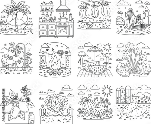 Variety of Line Art Illustrations of Fruits Vegetables and Outdoor Cooking Scenes drawing