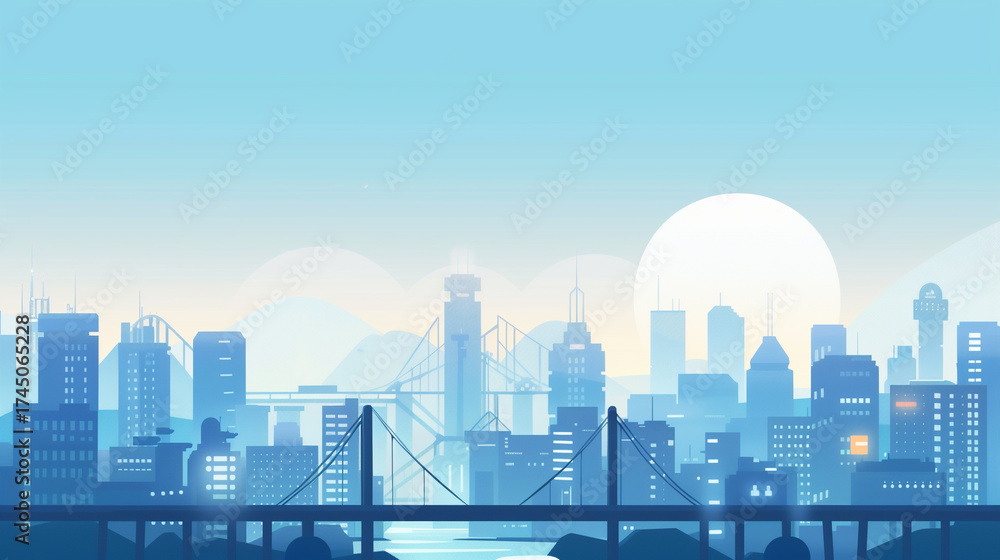 Obraz premium Silhouette of the city. Cityscape with buildings. Simple blue background. Urban landscape. Modern city with layers.