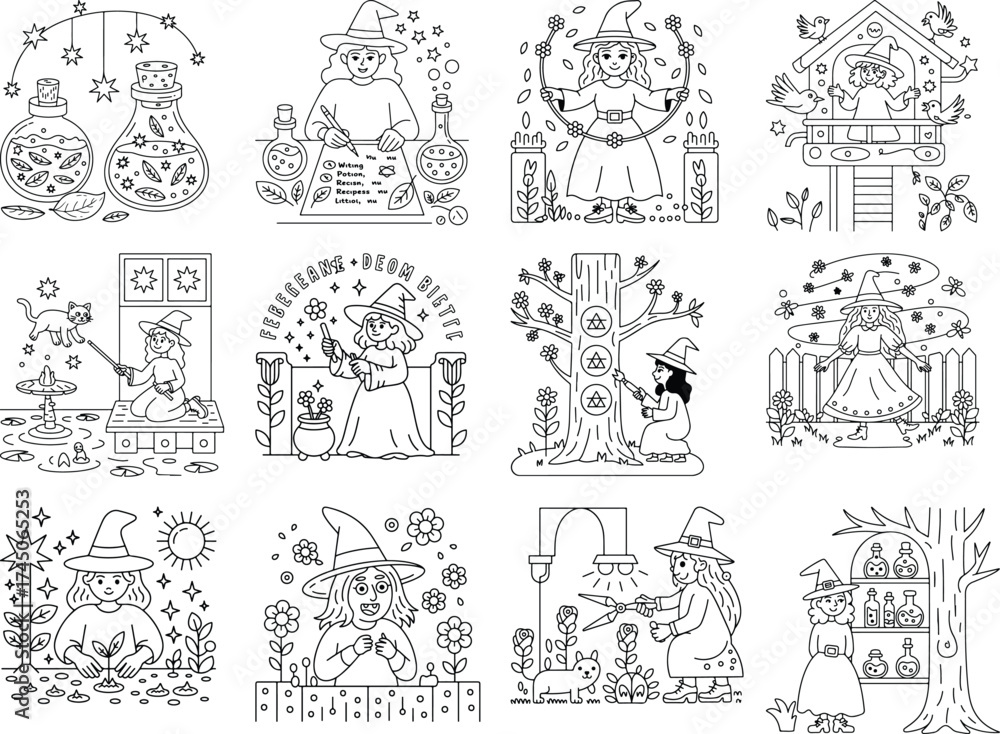 Fototapeta premium Whimsical Witchy Line Art Scenes With Potions Animals Nature And Magical Rituals Keywords: witch, wizard, magic, spell, potion, cauldron, broom, hat, stars, moon, sun, plants, flowers, trees