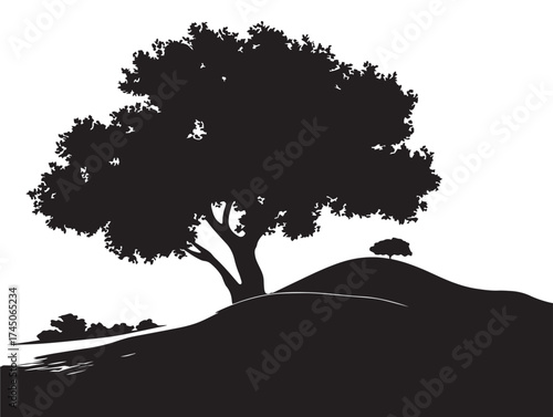 Scenic Hill With Lone Tree Silhouette Illustration