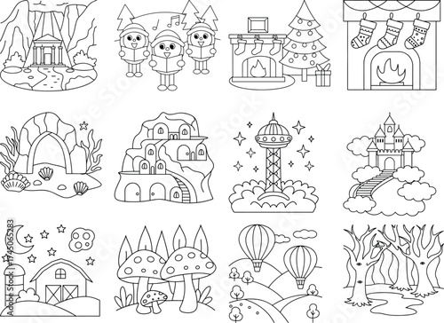 Fantasy World Line Art Vector Set — Cute Fairytale Houses, Castles, Hot Air Balloons, and Forest Scenes for Coloring Book and Kids Design