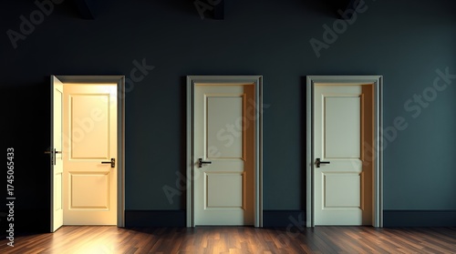 Three closed doors with one open door illuminating the room  