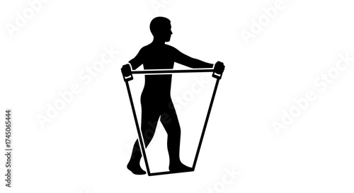 Silhouette of a person exercising with a resistance band.