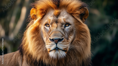  lion with fluffy mane looking away in savanna. Detail face lion.