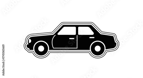 Simple black car icon with white outline on a plain white background side view minimalist design.
