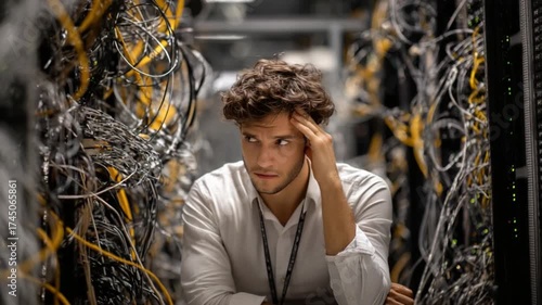 Overwhelmed in the Server Room: A network engineer appears frustrated, hand on head amidst a maze of wires and data cables, portraying the complex challenges of IT infrastructure.
