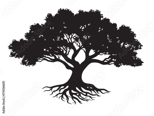 Majestic tree with knotted roots 2D vector line art