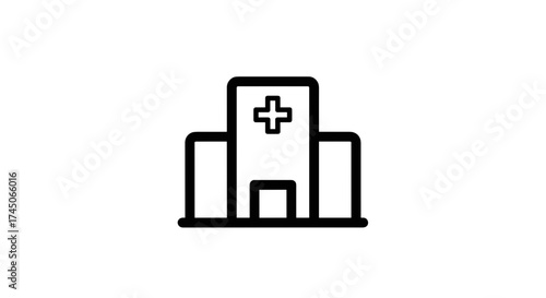 Simple Hospital Building Icon with Cross Symbol.