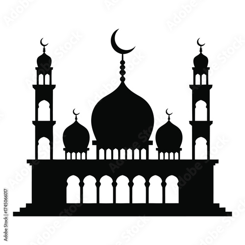 Islamic mosque silhouettes with domes a minaret vector art. Black mosque silhouettes with crescent moon. Beautiful Islamic mosque silhouette for Ramadan. Traditional mosque silhouettes for Islamic art