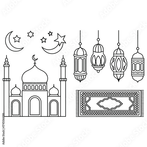 Elegant Islamic Mosque Line Art Silhouette Vector Art for Ramadan and Crescent Moon Designs