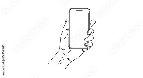 Simple line drawing of a hand holding a mobile phone.