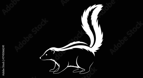 Skunk with White Stripes and Tail on Black Background.
