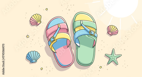 Summer Beach Sandals with Seashells and Starfish Illustration.